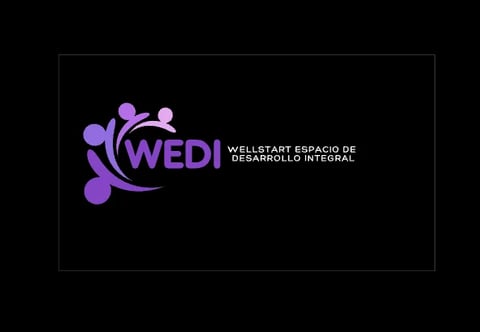 WEDI logo with purple circular design and tagline Wellstart Espacio de Desarrollo Integral on black background