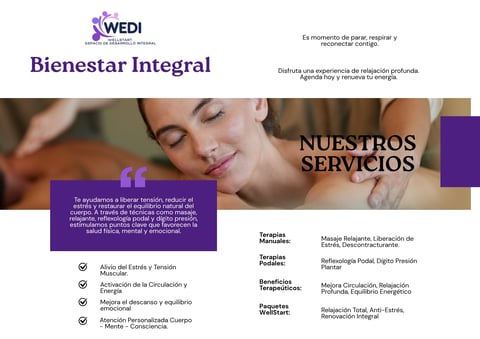 WEDI Bienestar Integral spa services webpage showing woman receiving massage treatment with list of therapeutic services offered